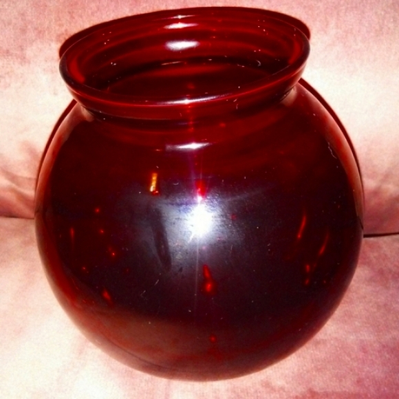Vintage Ruby Red Ivy Ball Glass Globe Flower Vase Candle Holder Anchor Hocking - Picture 2 of 6
